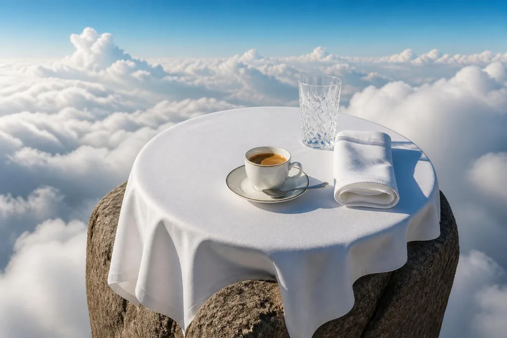 雲海の上にそびえる岩山の頂上に置かれたテーブルと、一杯のカフェマキアート